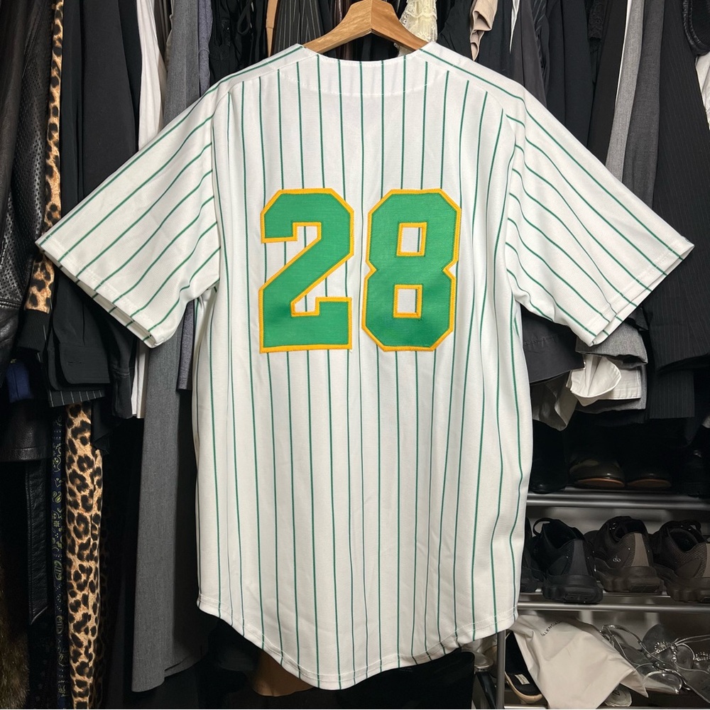 Vintage Delong Green and White Striped Baseball Jersey